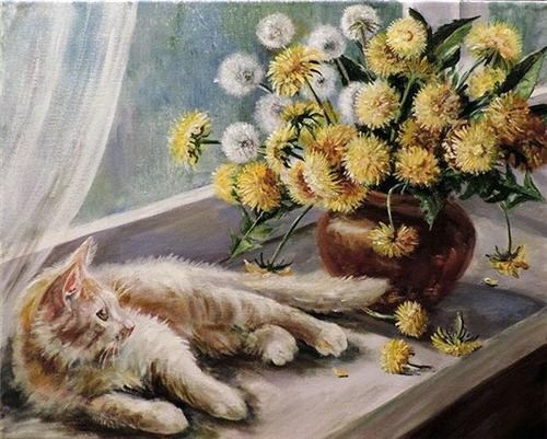 Цветы и уютные кошки художницы Ольги Воробьёвой (25 фото)